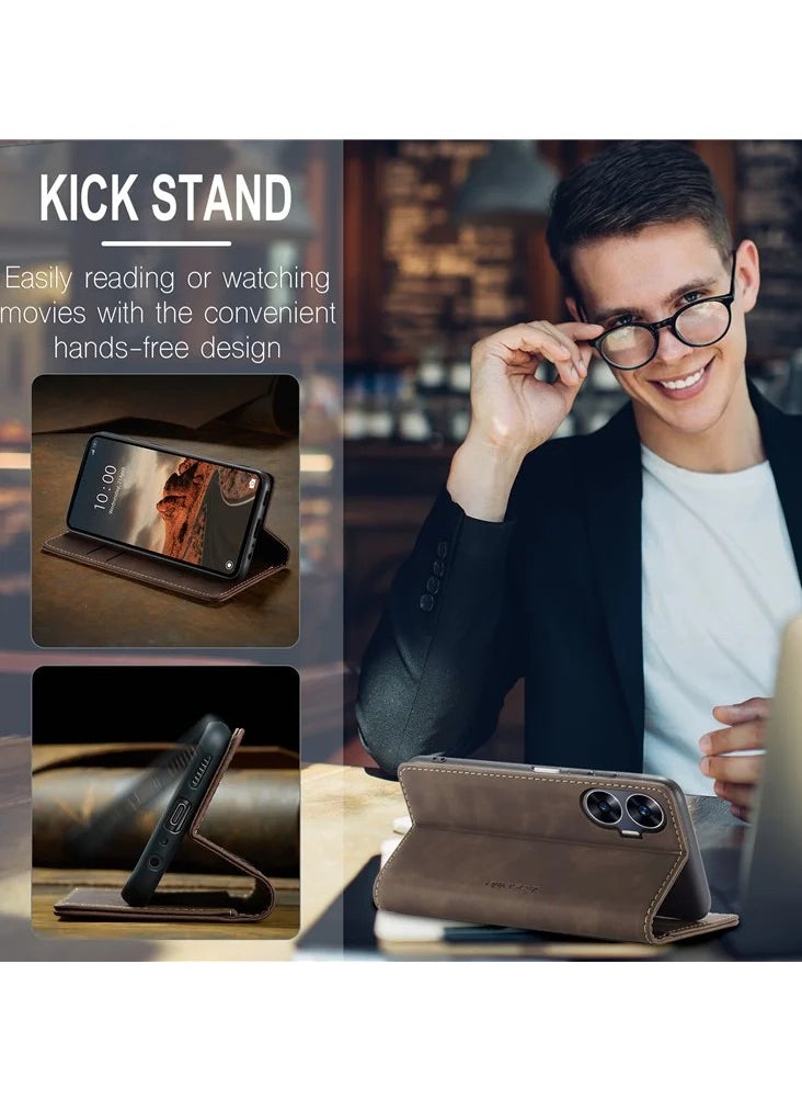 CaseMe Realme C55 Wallet Case Book Folding Flip Folio Case with Magnetic Kickstand Card Slots Protective Cover - Coffee