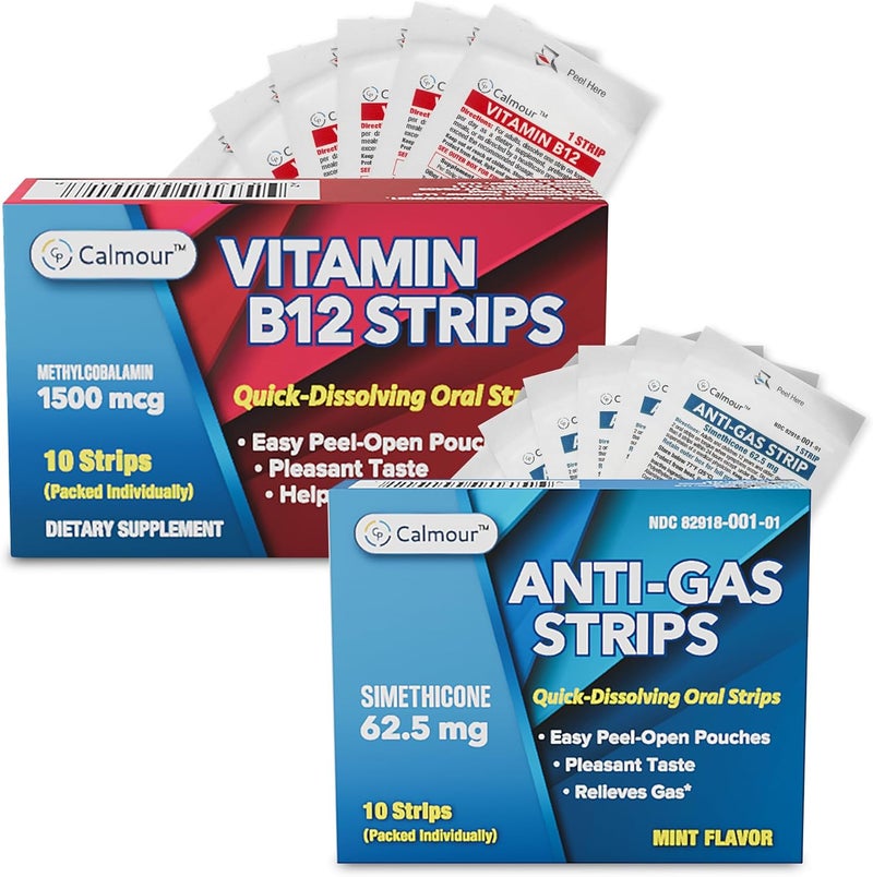 CALMOUR Digestive  Energy Support Bundle  Anti Gas Relief Strips  Vitamin B12 Dissolvable Strips  Fast Bloating Relief  Energy Boost  Simethicone  Methylcobalamin Formula  VeganFriendly - Image 1