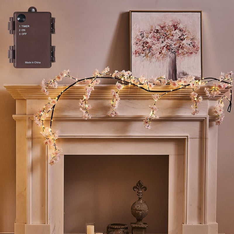 Fudios Lighted Garland Spring with Cherry Blossom 96 Fairy Lights 6FT for Mantle Year RoundFlower Garland with Lights with Timer Battery Operated for Wedding Party