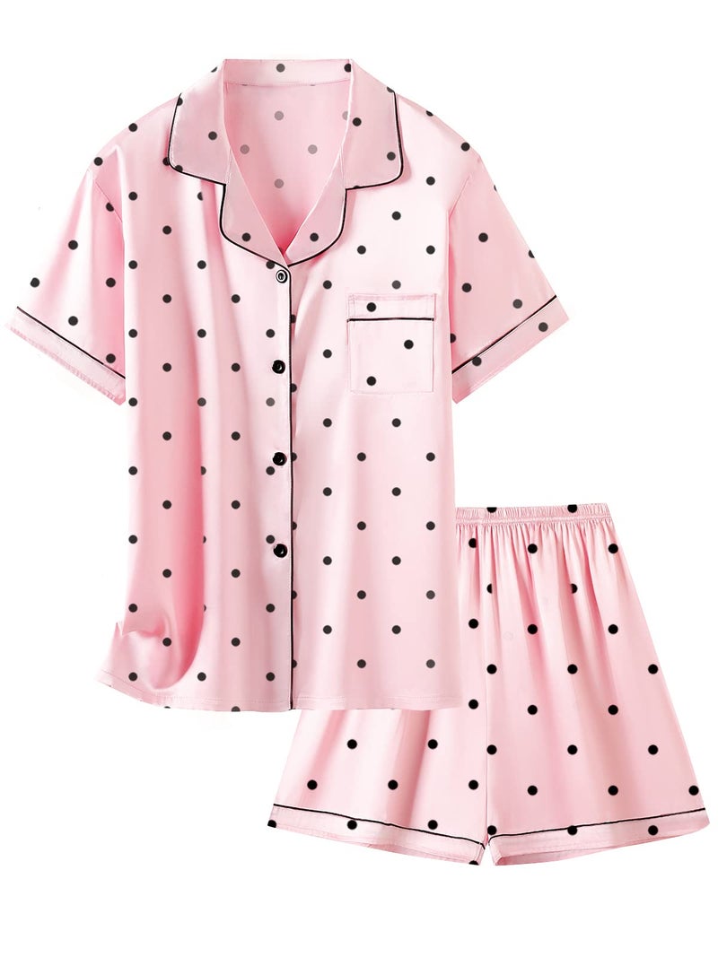 Schbbbta Kids Pajamas Girls, 2 Pcs Sleepwear Short Sleeve Stain Summer Pajama Set Silk Pjs for Teen Girls, Pink Dots, 13-14 Years - Image 1