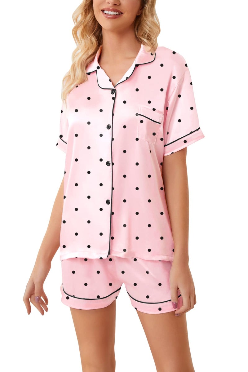 Schbbbta Kids Pajamas Girls, 2 Pcs Sleepwear Short Sleeve Stain Summer Pajama Set Silk Pjs for Teen Girls, Pink Dots, 13-14 Years - Image 4
