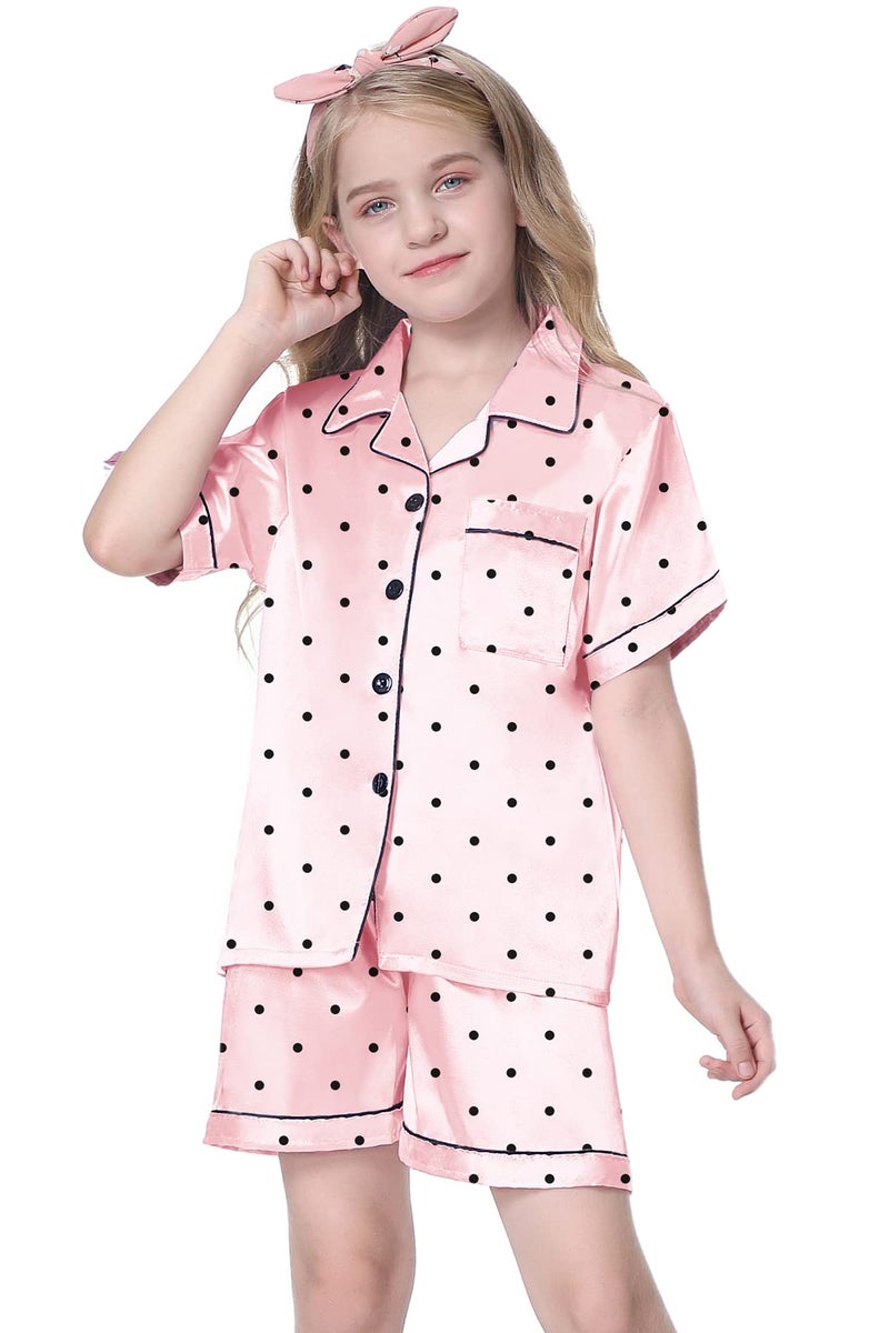 Schbbbta Kids Pajamas Girls, 2 Pcs Sleepwear Short Sleeve Stain Summer Pajama Set Silk Pjs for Teen Girls, Pink Dots, 13-14 Years - Image 2