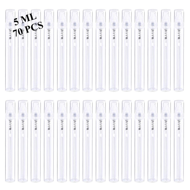 Csdtylh Mini Spray Bottles 70PCS 5ML Clear Plastic Empty Sample Containers Fine Mist Perfume Travel Refillable Spray Bottle Perfume Atomizer Small Travel Size Spray Bottle for Cleaning, Essential Oils - Image 1