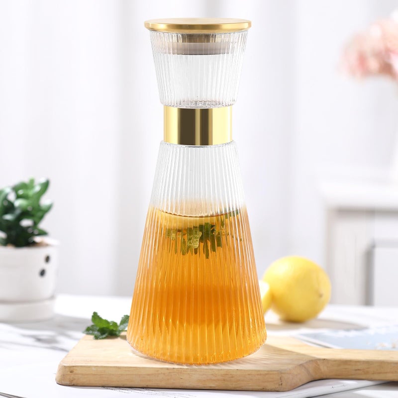DUJUST Ribbed Glass Carafe with Golden Lid 44oz Elegant Water Carafe with Gold Decoration Crystal Glass Carafes with Thickened Bottom for Juice Milk Tea FoodGrade Silicone Leakproof