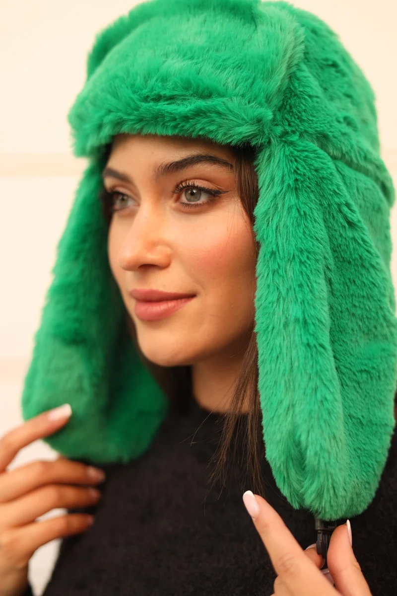 Remsa Mayo Snapback Fur Earflap Plush Beanie Hat Rkş-03 Green