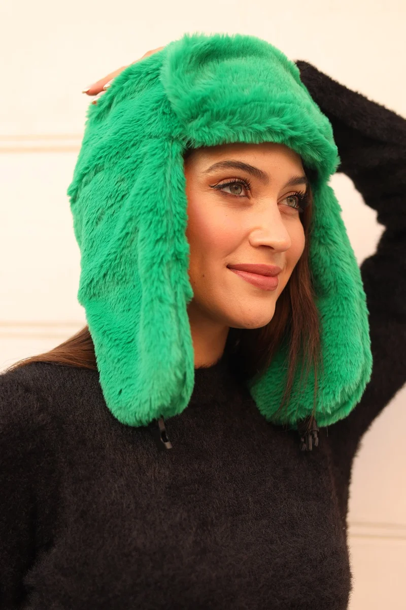 Remsa Mayo Snapback Fur Earflap Plush Beanie Hat Rkş-03 Green