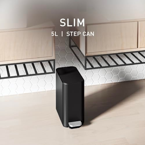 simplehuman Slim Step Can, 5L / 1.3 Gallon Compact Bathroom Trash Can, Liner Pocket®, Sleek Internal Hinge, 150,000-Step All-Steel Pedal, Lid Shox® Silent Close, Matte Black Steel - Image 3