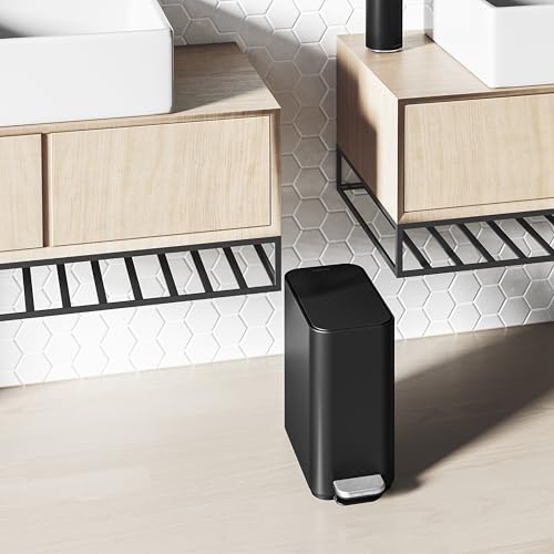 simplehuman Slim Step Can, 5L / 1.3 Gallon Compact Bathroom Trash Can, Liner Pocket®, Sleek Internal Hinge, 150,000-Step All-Steel Pedal, Lid Shox® Silent Close, Matte Black Steel - Image 2