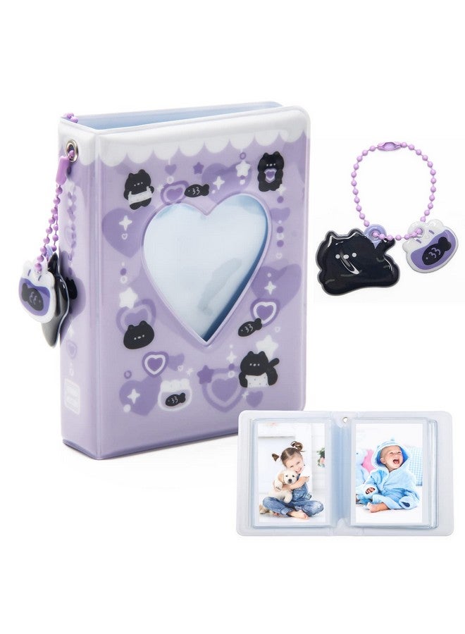 Catcan 3 Inch Mini Photocard Album Kpop Photocard Binder, Catcan Photo Card Holder Book 40 Pockets With Black Cat Pendant, Love Heart Hollow Out Photocard Binder For Collecting Picture (Purple Black Cat) - Image 1