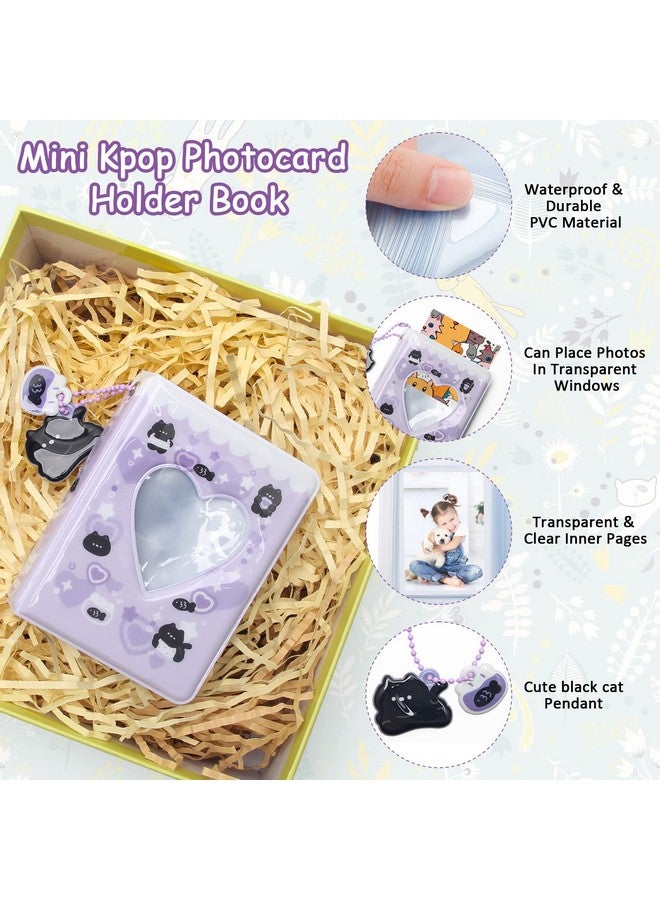 Catcan 3 Inch Mini Photocard Album Kpop Photocard Binder, Catcan Photo Card Holder Book 40 Pockets With Black Cat Pendant, Love Heart Hollow Out Photocard Binder For Collecting Picture (Purple Black Cat) - Image 3