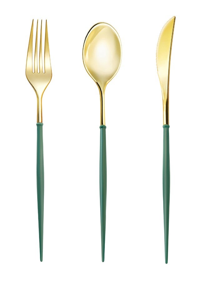 Lullaby 150PCS Gold Plastic Silverware - Disposable Flatware with Green Handles, Includes 50 Knives, 50 Forks, 50 Spoons, Perfect for Birthdays, Weddings, Picnics - Image 1