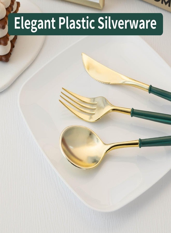 Lullaby 150PCS Gold Plastic Silverware - Disposable Flatware with Green Handles, Includes 50 Knives, 50 Forks, 50 Spoons, Perfect for Birthdays, Weddings, Picnics - Image 4