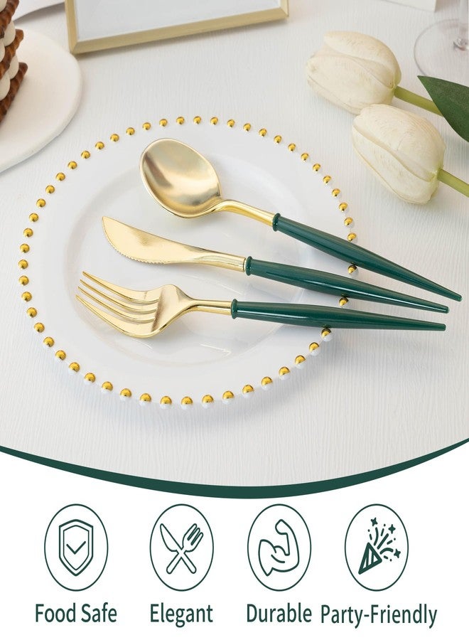 Lullaby 150PCS Gold Plastic Silverware - Disposable Flatware with Green Handles, Includes 50 Knives, 50 Forks, 50 Spoons, Perfect for Birthdays, Weddings, Picnics - Image 3