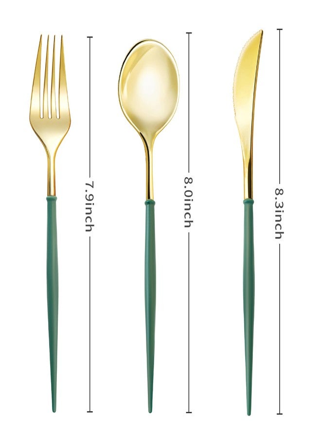 Lullaby 150PCS Gold Plastic Silverware - Disposable Flatware with Green Handles, Includes 50 Knives, 50 Forks, 50 Spoons, Perfect for Birthdays, Weddings, Picnics - Image 2