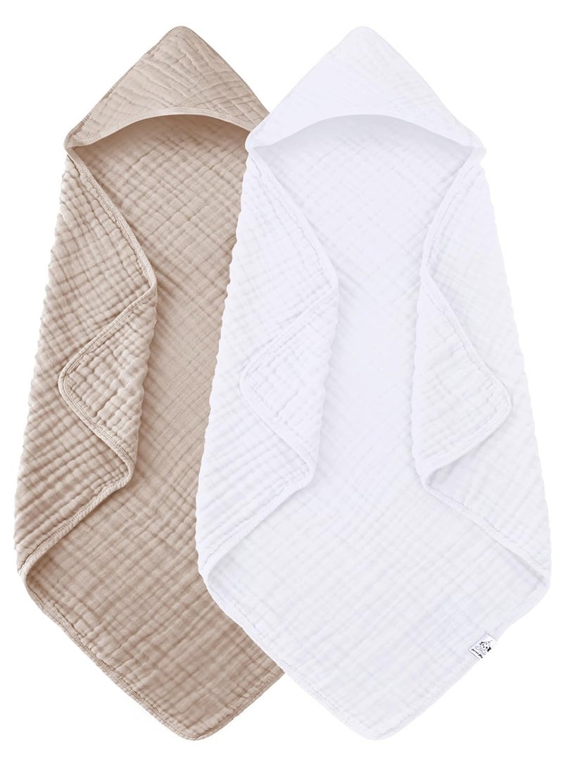 Spotted Play 2 Pack Hooded Baby Towels - 100% Muslin Cotton for Newborns, Infants, Toddlers - Large 32x32Inch Size - Highly Absorbent and Essential for Newborn Care, White and Brown - Image 1