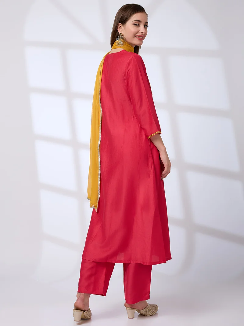 globus Women Red Floral Embroidered Yoke Mirror Work Pleated A-Line Kurta With Pants & Sequinned Taping Dupatta Festive Set
