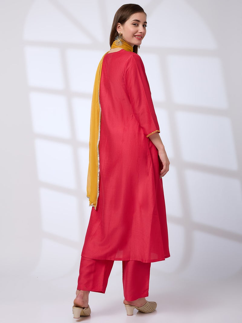 globus Globus Women Red Floral Embroidered Yoke Mirror Work Pleated A-Line Kurta With Pants & Sequinned Taping Dupatta Festive Set  - Image 3