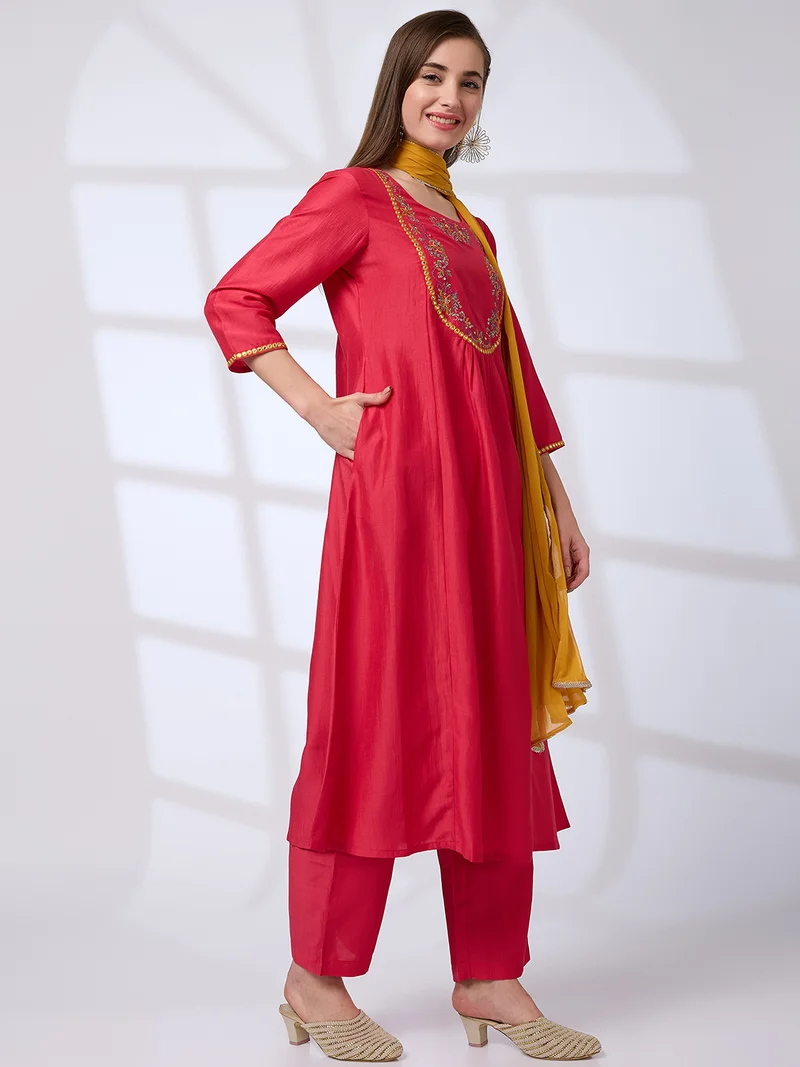 globus Women Red Floral Embroidered Yoke Mirror Work Pleated A-Line Kurta With Pants & Sequinned Taping Dupatta Festive Set