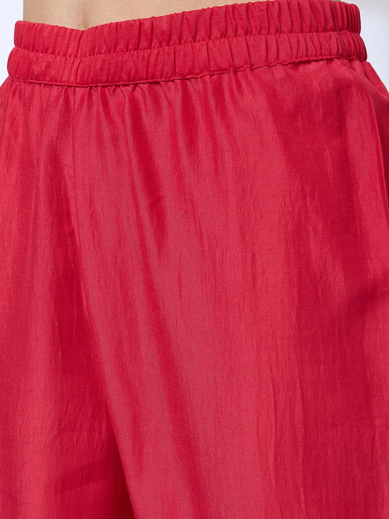 globus Women Red Floral Embroidered Yoke Mirror Work Pleated A-Line Kurta With Pants & Sequinned Taping Dupatta Festive Set