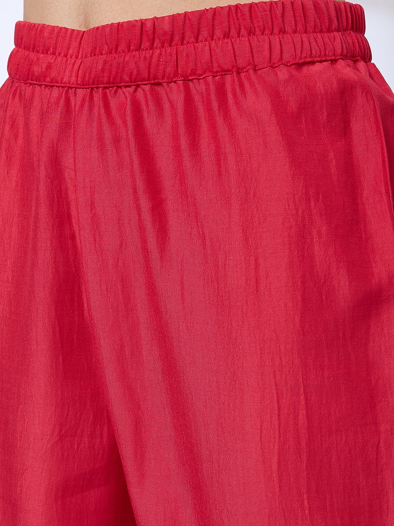globus Globus Women Red Floral Embroidered Yoke Mirror Work Pleated A-Line Kurta With Pants & Sequinned Taping Dupatta Festive Set  - Image 5