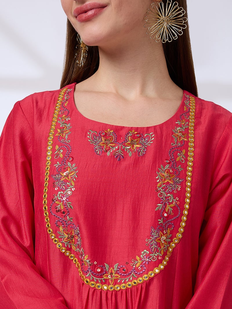 globus Globus Women Red Floral Embroidered Yoke Mirror Work Pleated A-Line Kurta With Pants & Sequinned Taping Dupatta Festive Set  - Image 4