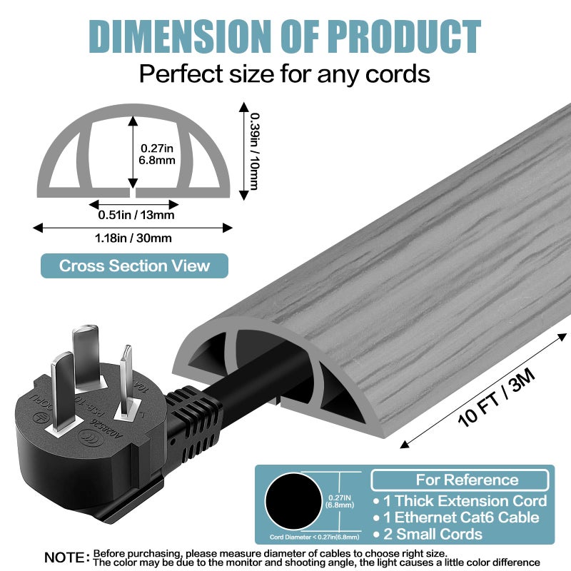 DBHXXMB-HH Floor Cord Cover Self Adhesive Cord Hider,10FT Cable Management, Extension Strip Protector for Wires, Prevent Cable Trips for Offices, Gyms, Exhibitions Cavity:0.39"(W) x 0.27"(H) Gray Wood - Image 2