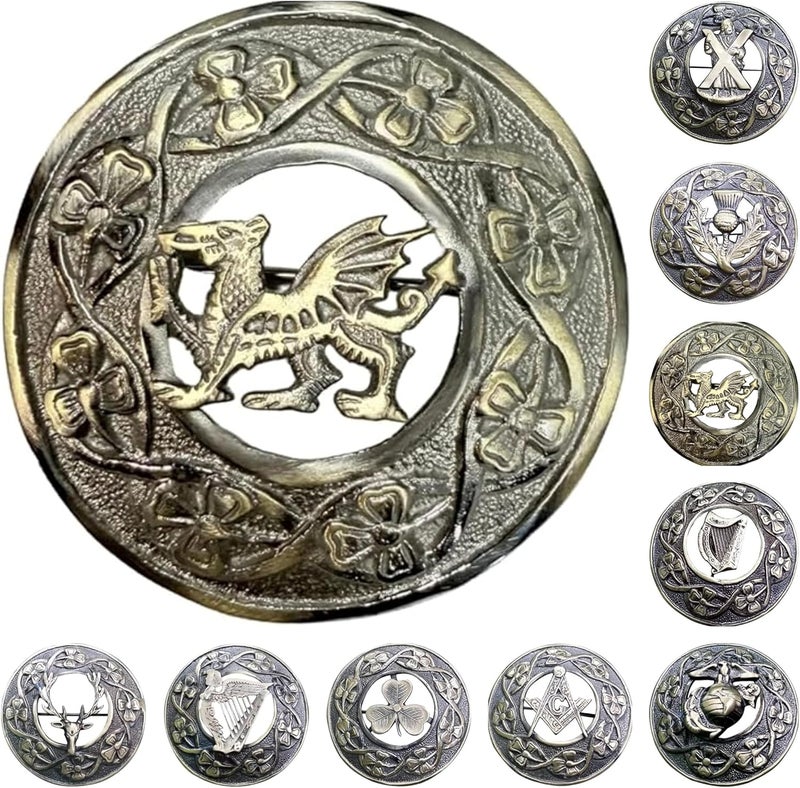 AAR Men,s Scottish Irish Shamrock Kilt Brooch Fly Plaid Antique/Chrome Finish 3" (7cm) diameter S - Image 1