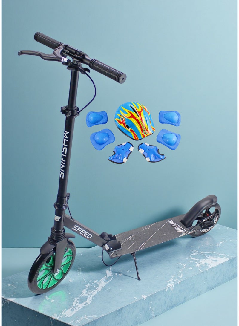 EASY FUTURE Adjustable Kick Scooter for Children 7–14, Foldable Design with Big Wheels, Handle & Rear Foot Brake Including Full Protective Gear Set - Image 1