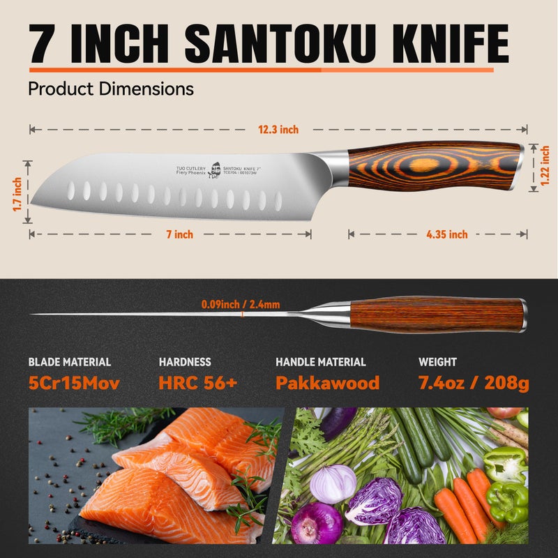 TUO Santoku Knife, 7 inch Japanese Chef Knife for Vegetable Chopping & Meat Dicing, High Carbon German Steel, Ergonomic Handle - Fiery Phoenix Series - Image 5