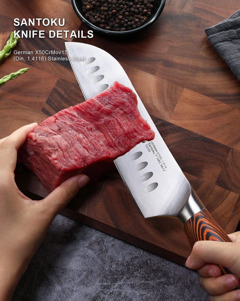 TUO Santoku Knife, 7 inch Japanese Chef Knife for Vegetable Chopping & Meat Dicing, High Carbon German Steel, Ergonomic Handle - Fiery Phoenix Series - Image 2