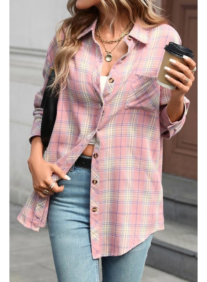 CHYRII Womens Oversized Flannel Shirts Button Down Long Sleeve Plaid Shirt Business Casual Blouse Top, Pastel Pink, L - Image 5