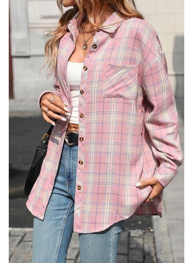 CHYRII Womens Oversized Flannel Shirts Button Down Long Sleeve Plaid Shirt Business Casual Blouse Top, Pastel Pink, L - Image 3