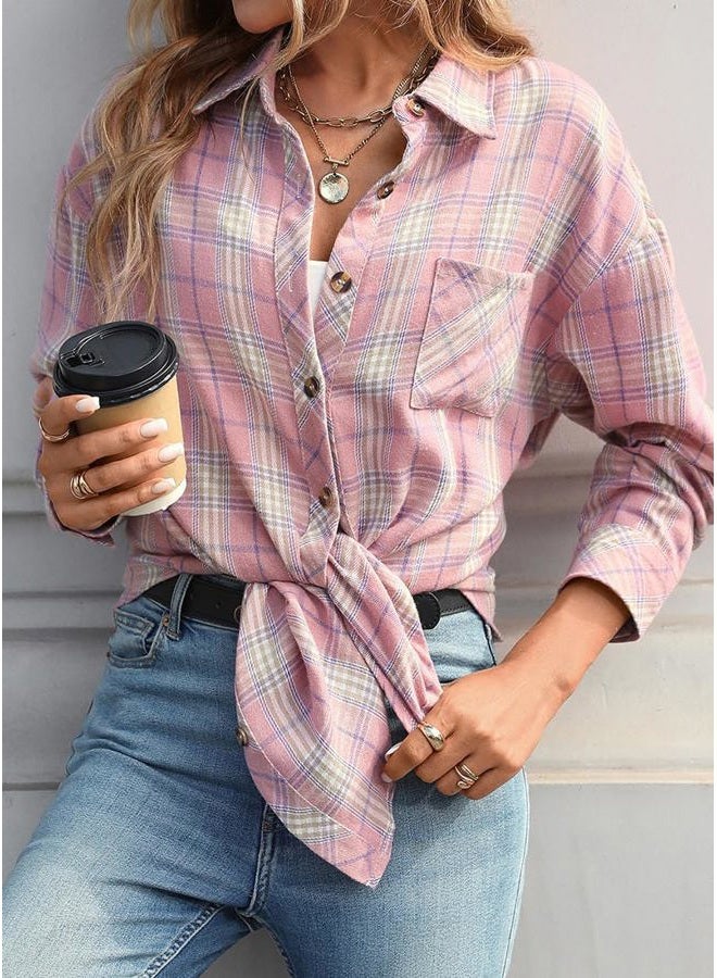CHYRII Womens Oversized Flannel Shirts Button Down Long Sleeve Plaid Shirt Business Casual Blouse Top, Pastel Pink, L - Image 4