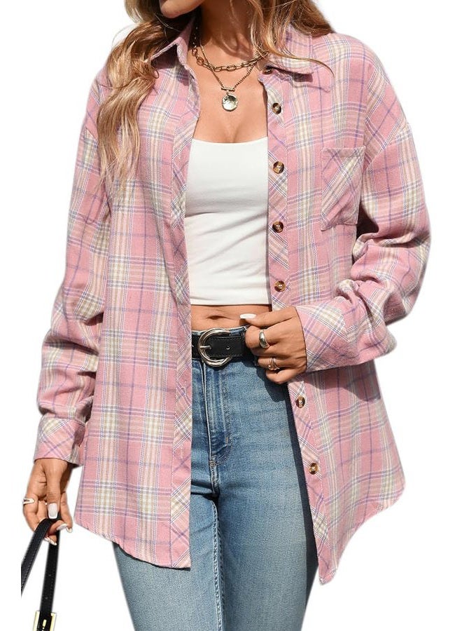 CHYRII Womens Oversized Flannel Shirts Button Down Long Sleeve Plaid Shirt Business Casual Blouse Top, Pastel Pink, L - Image 1