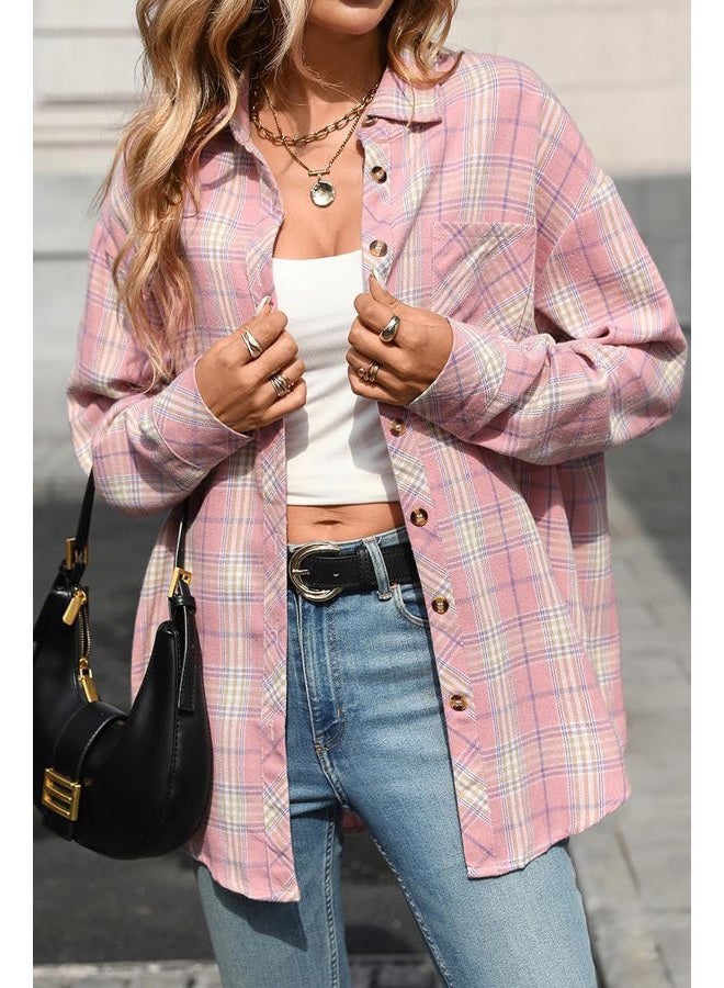 CHYRII Womens Oversized Flannel Shirts Button Down Long Sleeve Plaid Shirt Business Casual Blouse Top, Pastel Pink, L - Image 2