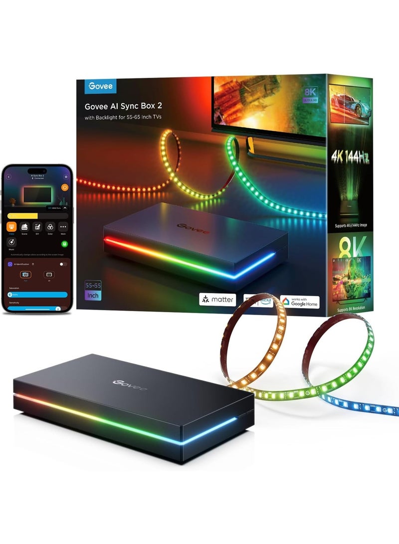 Govee HDMI 2.1 Sync Box 2, AI Sync Box with TV Backlight, Supports 8K@60Hz, 4K@144Hz, VRR and ALLM, Works with Matter and Alexa, RGBIC LED Light Strip for 55-65 inch TVs, 75 LEDs/m - Image 1