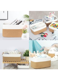 THDE THDE Rectangle Jute Rope Woven Basket with Handles for Books Magazines Toys Decorative Rectangle Basket for Baby Nursery Living Room Bathroom brown white15 x 98 x 7inches Brown  - Image 5