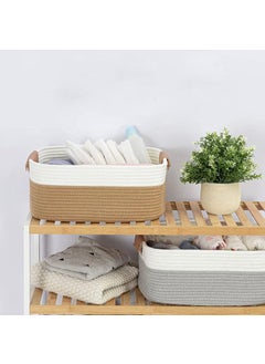 THDE THDE Rectangle Jute Rope Woven Basket with Handles for Books Magazines Toys Decorative Rectangle Basket for Baby Nursery Living Room Bathroom brown white15 x 98 x 7inches Brown  - Image 4