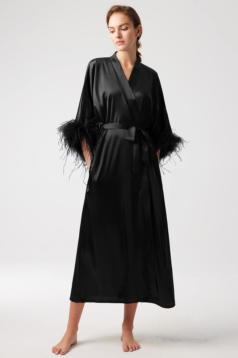 ProDesign PRODESIGN Satin Kimono Robe Long Silky Bath Robe with Ostrich Feather Trim Sleepwear Wedding Bridesmaid Robe  - Image 2