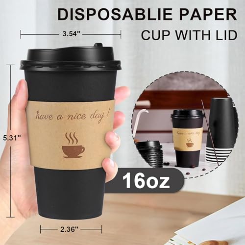Clawsoff 100 Pack 16 oz Coffee Cups with Lids, Disposable To Go Paper Coffee Cups with Sleeves and Stirring Sticks for Hot/Cold Drinks Office Home Shop Event (Black) - Image 2