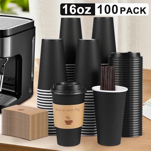 Clawsoff 100 Pack 16 oz Coffee Cups with Lids, Disposable To Go Paper Coffee Cups with Sleeves and Stirring Sticks for Hot/Cold Drinks Office Home Shop Event (Black) - Image 3