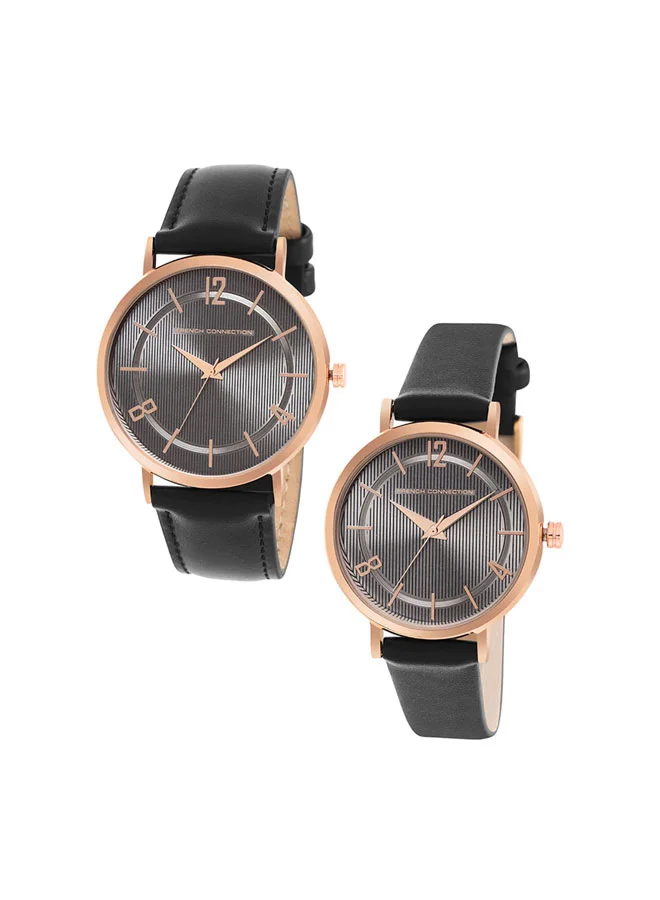 French Connection 42mm Men & Women's Quartz Watch Set with Black Dial