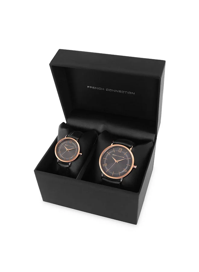 French Connection 42mm Men & Women's Quartz Watch Set with Black Dial