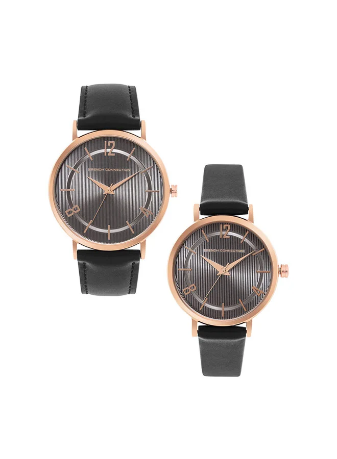 French Connection 42mm Men & Women's Quartz Watch Set with Black Dial