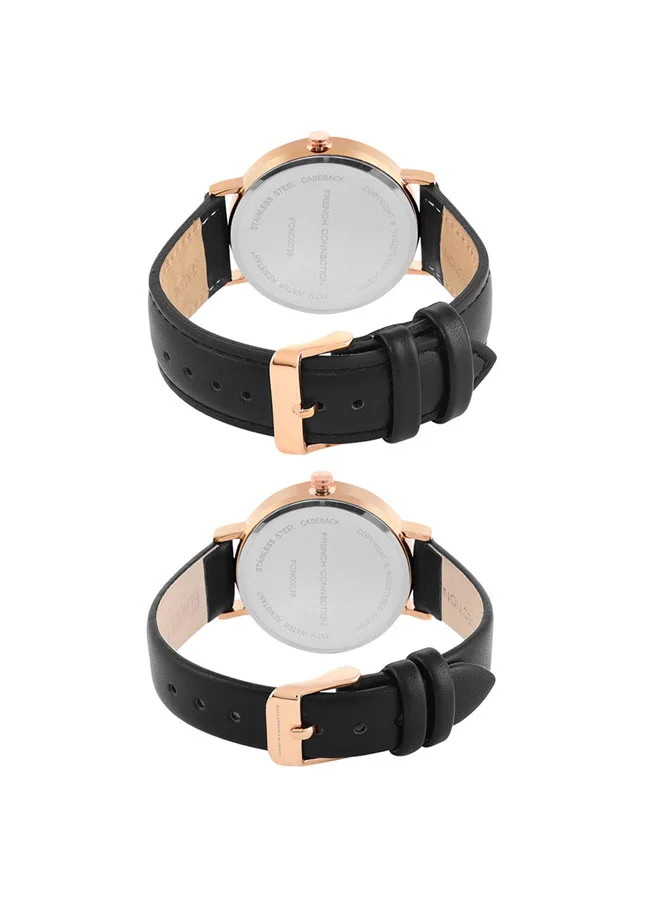 French Connection 42mm Men & Women's Quartz Watch Set with Black Dial