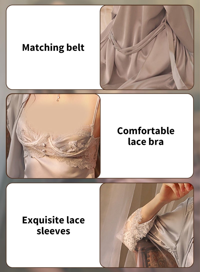 Moovant طقم نوم نسائي مكون من قطعتين، ثوب نوم + رداء + حزام، فستان نوم دانتيل رومانسي، فستان منزلي جميل، طقم بيجامات أنيق، ملابس للاستلقاء، أزرق/رمادي - Image 3
