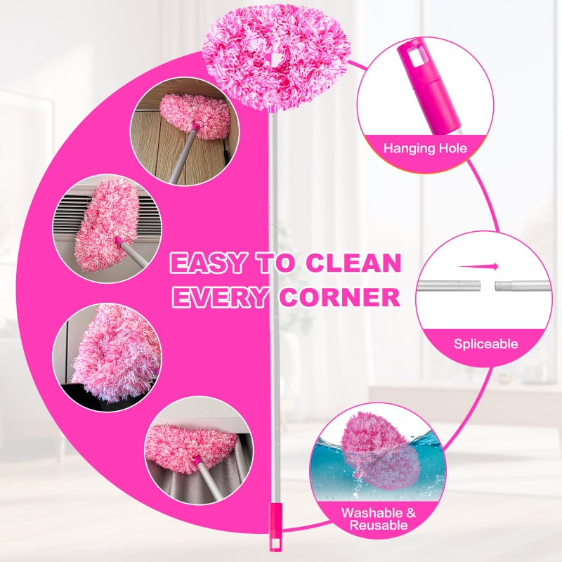 Heonay Ceiling Fan Cleaner Duster Reusable Microfiber Ceiling Fan Blade Cleaner Removable Duster With Extension Pole Adjusts 13 To 49.7 Inch For Cleaning Walls Furniture Door Window Top (Rosy White) - Image 3