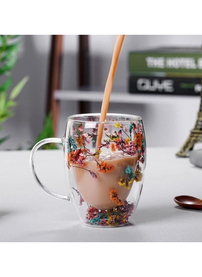 Roses Double Wall Glass Coffee and Tea Mug with Handle 300ml Random Roses Design