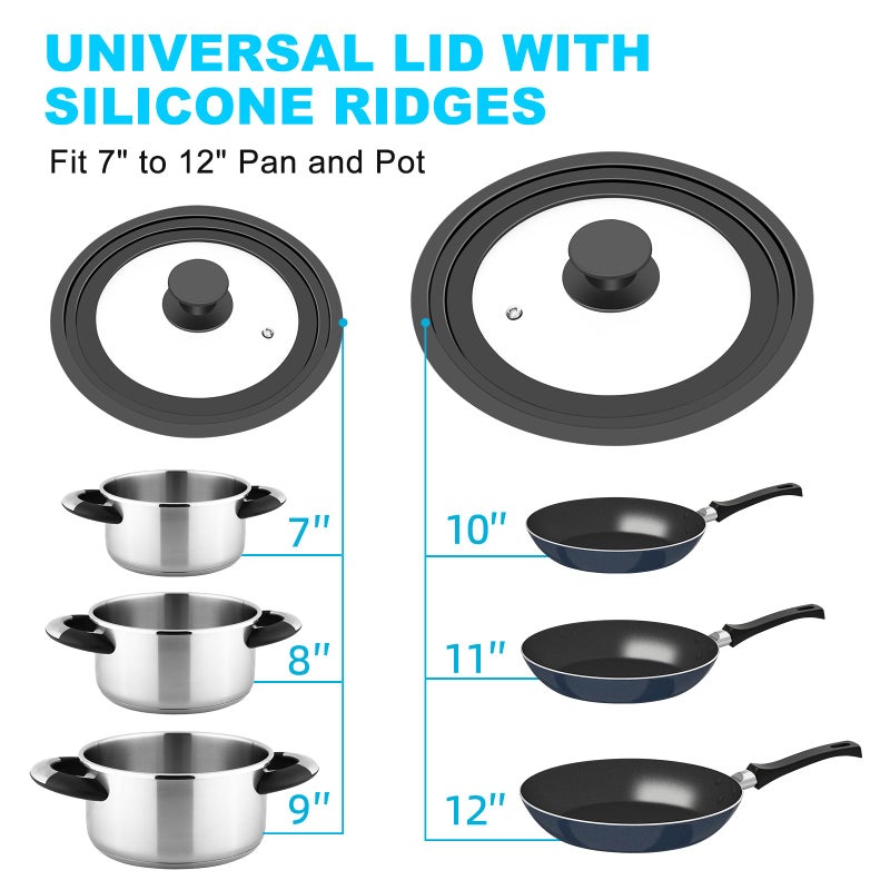YOMUME Universal Lids for Pots, Pans and Skillets, Fits 7", 8", 9", 10", 11", 12" Cookware, Universal Pan Lid and Pot Lid with Tempered Glass and Silicone Edging (2 Pack) - Image 2