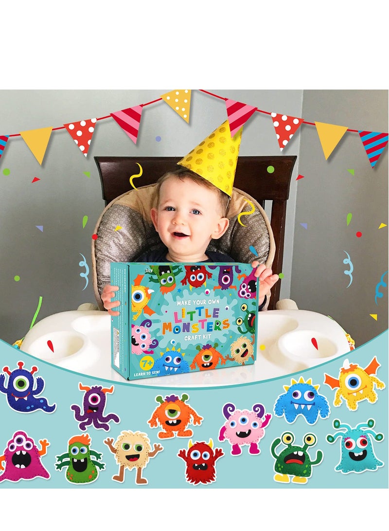 SOLARAE Little Monsters Craft Kit Adopt Monster Felt Plush DIY Sewing Art Kids Educational Kindergarten Toys Monster Bash Craft Gift Sew for Beginners Set of 12 - Image 3